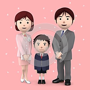 Boy and his parents in elementary school entrance ceremony Cherry blossoms Pink background. 3D illustration