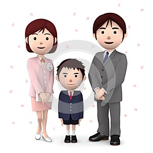 Boy and his parents in elementary school entrance ceremony Cherry blossoms white background. 3D illustration