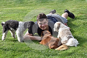 Boy and his three little dogs