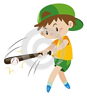Boy hitting ball with wooden bat photo