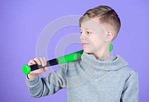Boy hold baseball bat. Sport and hobby. Teenager boy likes baseball. Active leisure and lifestyle. Healthy childhood