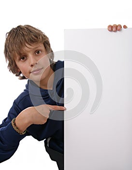 Boy holding blank white sign