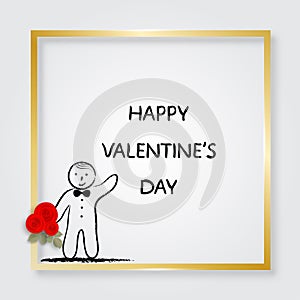 Boy holding bouquet of roses. Golden frame. Valentine`s Day card. Doodle. Vector illustration