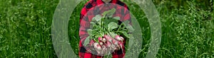 the boy is holding a bunch of freshly picked radishes