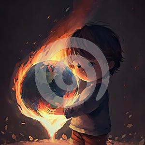 Boy Holding a Burning Earth for Environmental and Global warming concept. Generative AI