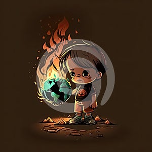 Boy Holding a Burning Earth for Environmental and Global warming concept. Generative AI