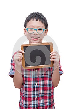 Boy holding chalkboard over white