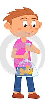 Boy holding fish in plastic bag. Kid carrying goldfish