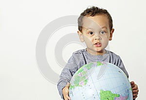 Boy holding a globe stock photo