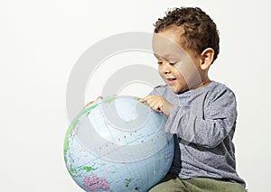 Boy holding a globe stock photo