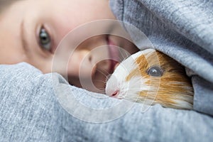 Boy holding a guinea pig. A child hugs a guinea pig. Pet care concept