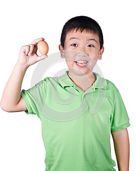 Boy holding hen egg in hand on white background isolated