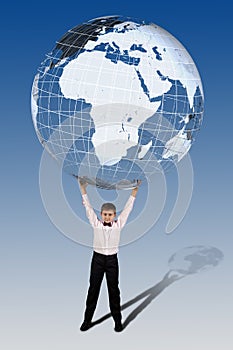 Boy holding in his hands over his head a large translucent globe