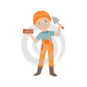 Boy Holding A Palette Knife And A Brick, Kid Dressed As Builder On The Construction Site Future Dream Profession Set