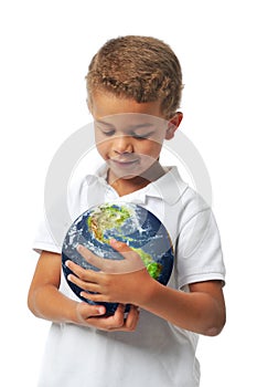 Boy holding the planet earth