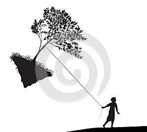 Boy holding and pulling the tree on flying rock, take last tree, mankind and environment,