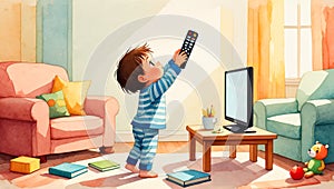 Boy is holding a remote control in his hand