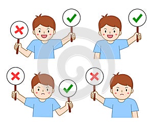 boy holding right or wrong sign. true or false concept illustration