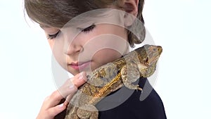 Boy is holding at shoulder and stroking Bearded agama against white background. Slow motion. Close up