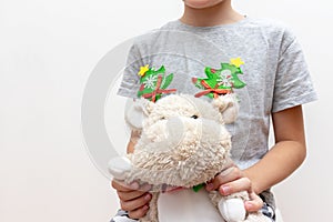 A boy holding a soft toy, teddy hippo with christmas holiday accessories, carnival costume with toy fir trees on white background