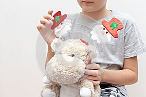 A boy holding a soft toy, teddy hippo with christmas holiday accessories, carnival costume on white background - children party