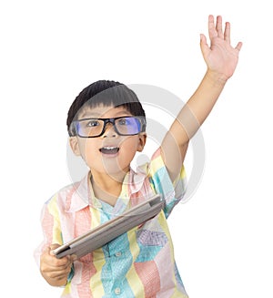 Boy holding tablet raise his hand up isolated