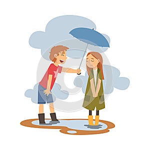 Boy Holding Umbrella Over Girl In Rainy Weather, Polite Boy, Good Manners Vector Illustration