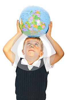 Boy holding world globe on head