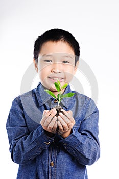 Boy holding young plant in hands above soil