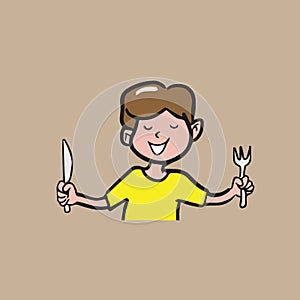 Boy holds fork and knife cartoon drawing 1