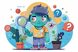 A boy holds a magnifying glass up to a plant, examining it closely, Curiosity Customizable Disproportionate Illustration