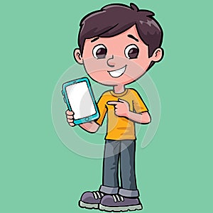 Boy holds a mobile phone in his hand