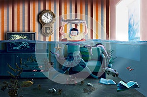 Boy holds up his prized catch while making the most of his flooded house in an imaginative adventure photo