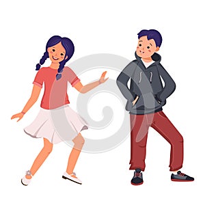 A boy in a hoodie and jeans and a girl in a skirt and shirt with blue hair and braids. Happy smiling kids dancing
