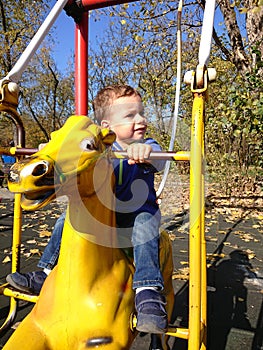 Boy on horse shaped swing