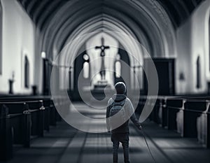 Boy inside of a church