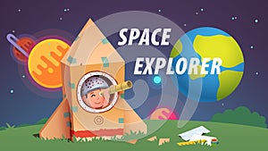 Boy inside rocket playing space explorer astronaut