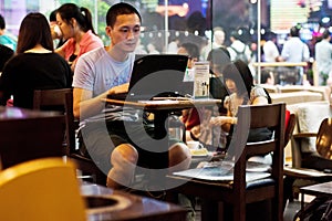 Boy internet starbucks coffee