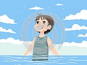 Boy Joyfully Swimming in the Sea