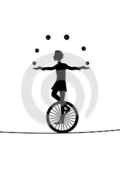 Boy juggler, he juggles balls with unicycle on the rope, circus silhouette, shadow story,