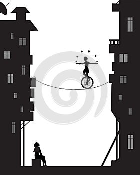 Boy juggles balls with unicycle on the rope in the city houses, dreams