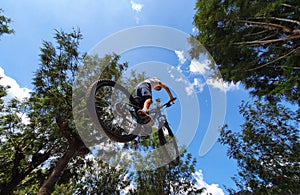 a boy jumping with his mountain bike