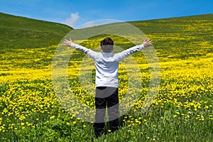 Boy jumping in meadow