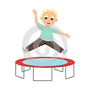 Boy Jumping on Trampoline, Kid Having Fun on Playground Cartoon Style Vector Illustration