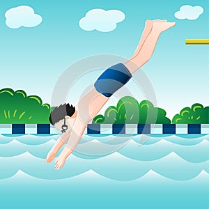 Boy jumping, into water in pool-Vector Illustration