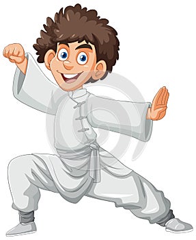 A boy in karate pose wearing white gi