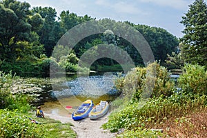 Boy kayaking on the river