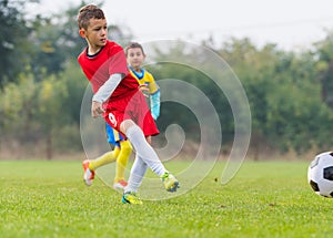 Boy kicking soccer ball