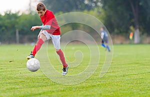 Boy kicking soccer ball