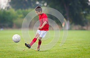 Boy kicking soccer ball